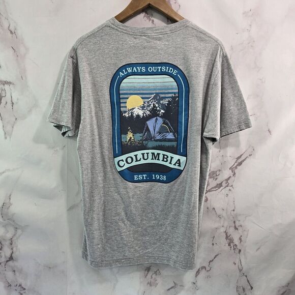 Columbia T Shirt Mens Medium Gray Short Sleeve Tee Crew Neck Tent Camping - Picture 1 of 11